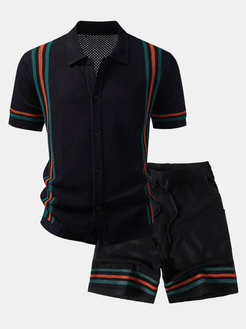 Streep Knop Open Tricot Overhemd & Trekoord Shorts