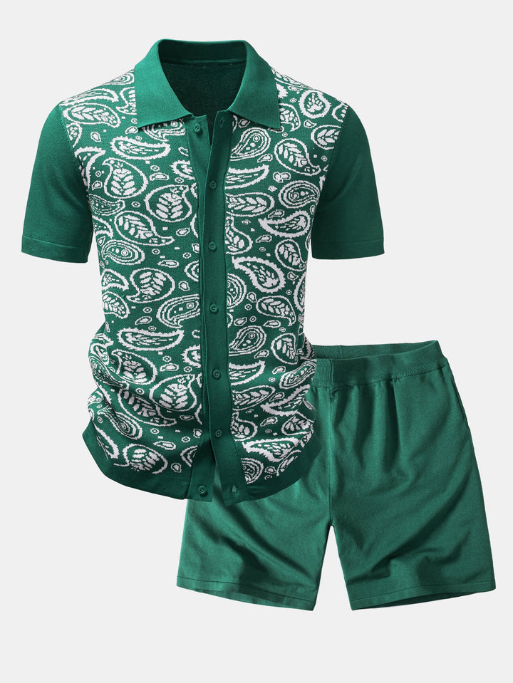 Paisley Knop Tricot Overhemd & Gebreide Shorts