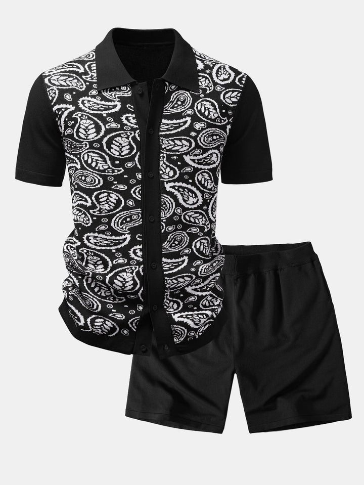 Paisley Knop Tricot Overhemd & Gebreide Shorts