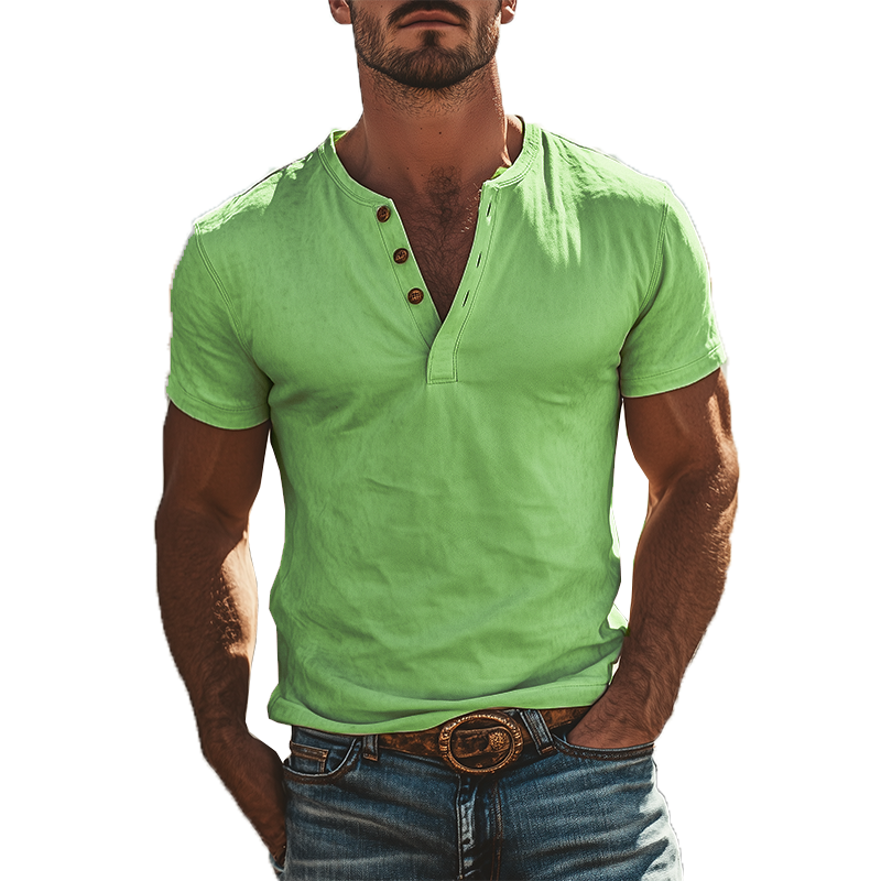 【24-uurs verzending】Heren Klassieke Amerikaanse Vintage Henley Kraag Suède T-shirt met korte mouwen