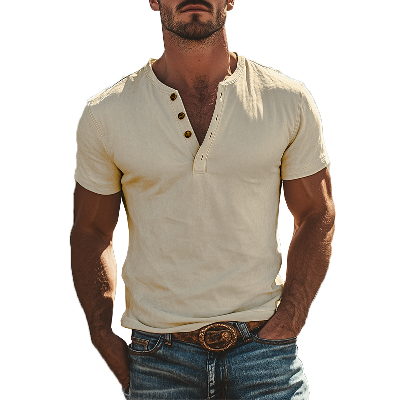 【24-uurs verzending】Heren Klassieke Amerikaanse Vintage Henley Kraag Suede Korte Mouwen T-Shirt 18517480K