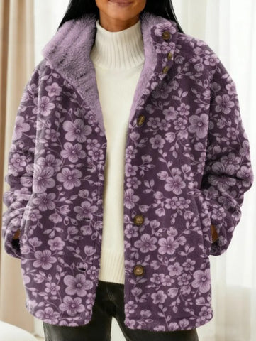 Vrouwen Vintage Bloem Patroon Kunstprint Casual Sherpa Jas