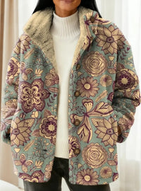 Dames Vintage Bloemenpatroon Kunstprint Casual Sherpa Jas