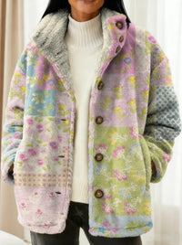 Vrouwen Vintage Bloemenpatroon Kunstprint Casual Sherpa Jas