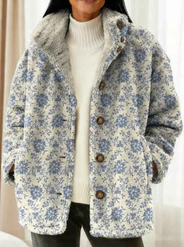 Dames Vintage Bloemenpatroon Kunstdruk Casual Sherpa Jas