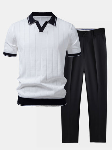 Contrastafwerking Geribbelde Johnny Kraag Tricot Polo & Slim Fit Getaperde Broek