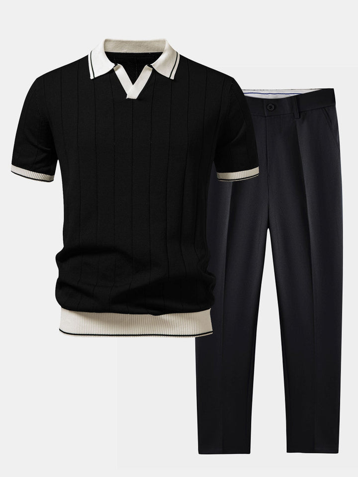 Contrastafwerking Geribbelde Johnny Kraag Tricot Polo & Slim Fit Getaperde Broek