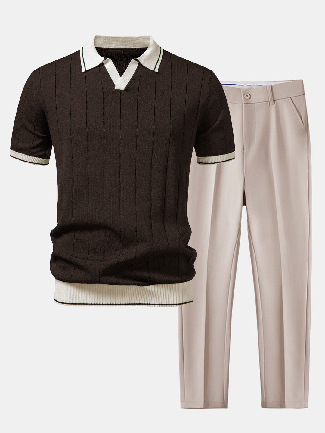 Contrastafwerking Geribbelde Johnny Kraag Tricot Polo & Slim Fit Getaperde Broek