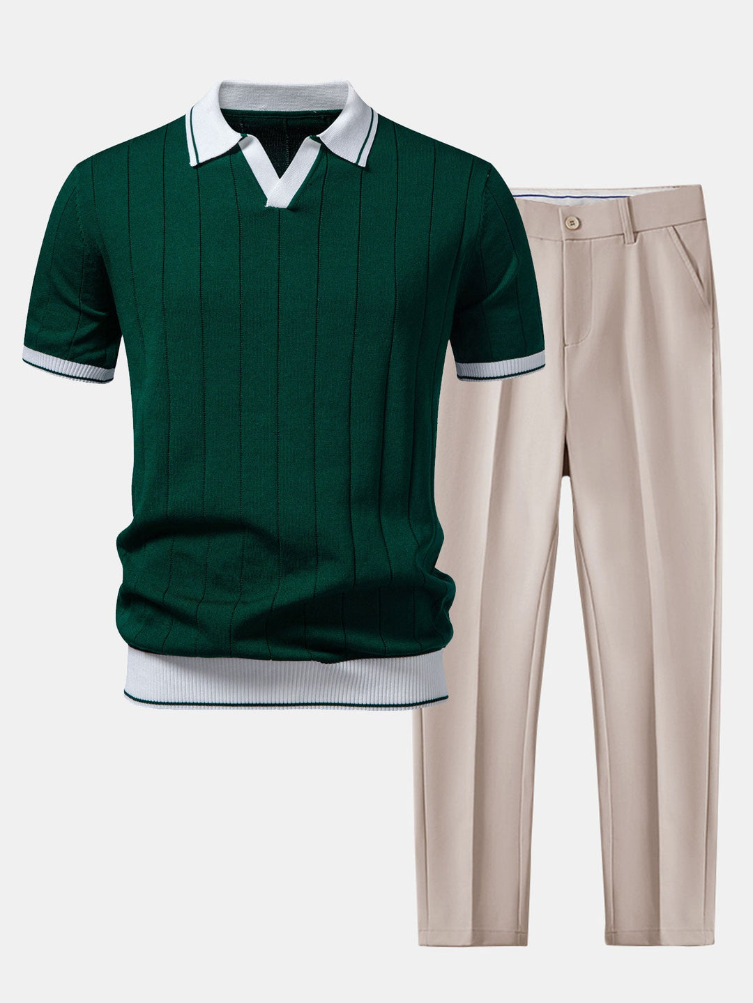 Contrastafwerking Geribbelde Johnny Kraag Tricot Polo & Slim Fit Getaperde Broek