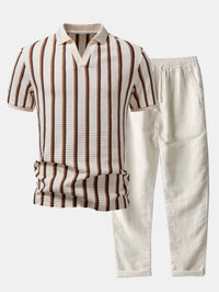 Wafel Streep Johnny Kraag Polo & Rechte Pijp Linnen Broek