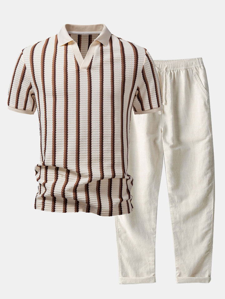 Wafel Streep Johnny Kraag Polo & Rechte Pijp Linnen Broek