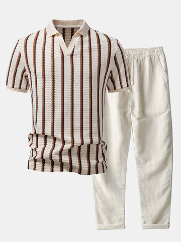 Wafel Streep Johnny Kraag Polo & Rechte Pijp Linnen Broek