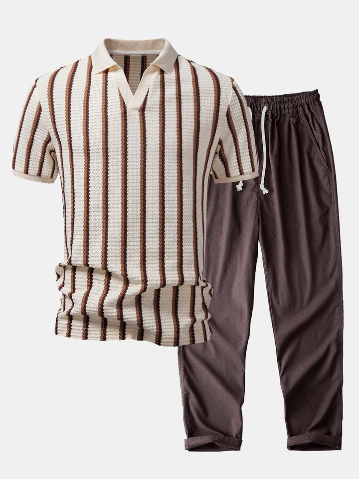 Wafel Streep Johnny Kraag Polo & Rechte Pijp Linnen Broek