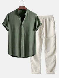 V-hals Linnen Rayon Mix Shirt & Rechte Linnen Broek