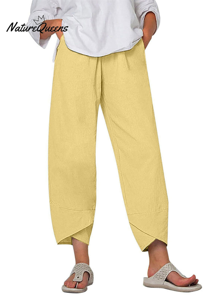 Damesbroek in effen kleur, losvallend, elegant, casual, eenvoudig, van katoen en linnen, model ‘Ninth’