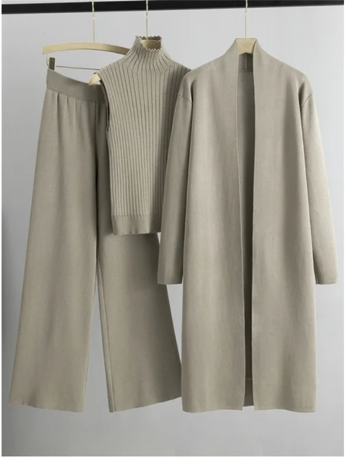 Monique™ - Dames 3-delige set Gebreide Coltrui, Broek en Vest