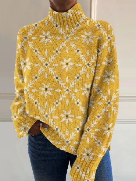 Vintage kleurblok bloemenprint gebreide coltrui