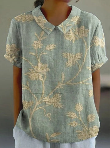 Dames Retro Bloemen Kunstafdruk Casual Katoen En Linnen Shirt