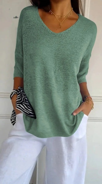 Effen gebreide damesblouse met 3/4 mouwen en V-hals