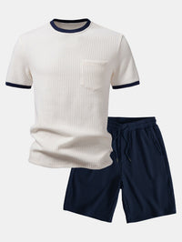 Contrast Wafel T-Shirt Met Zak & Trekoord Gebreide Wafel Shorts