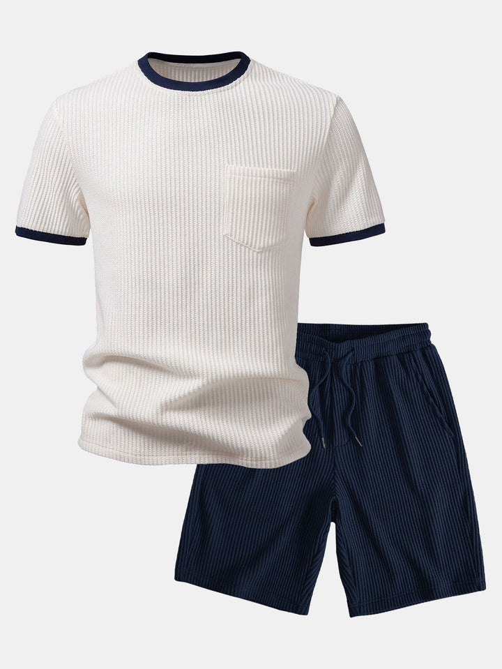 Contrast Wafel T-Shirt Met Zak & Trekoord Gebreide Wafel Shorts