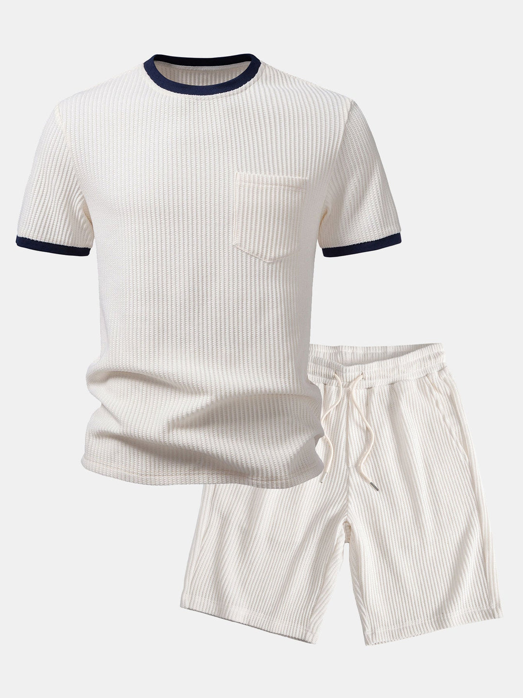 Contrast Wafel T-Shirt Met Zak & Trekoord Gebreide Wafel Shorts