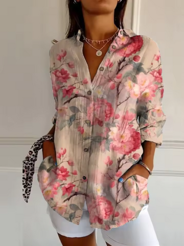 Dames Vintage Bloemen Kunstprint Casual linnen V-hals shirt
