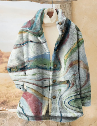 Dames Abstract Kleurige Stromende Kleur Kunstafdruk Casual Sherpa Jas Cardigan