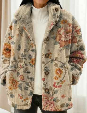 Dames Vintage Bloemmotief Kunstafdruk Casual Sherpa Jas