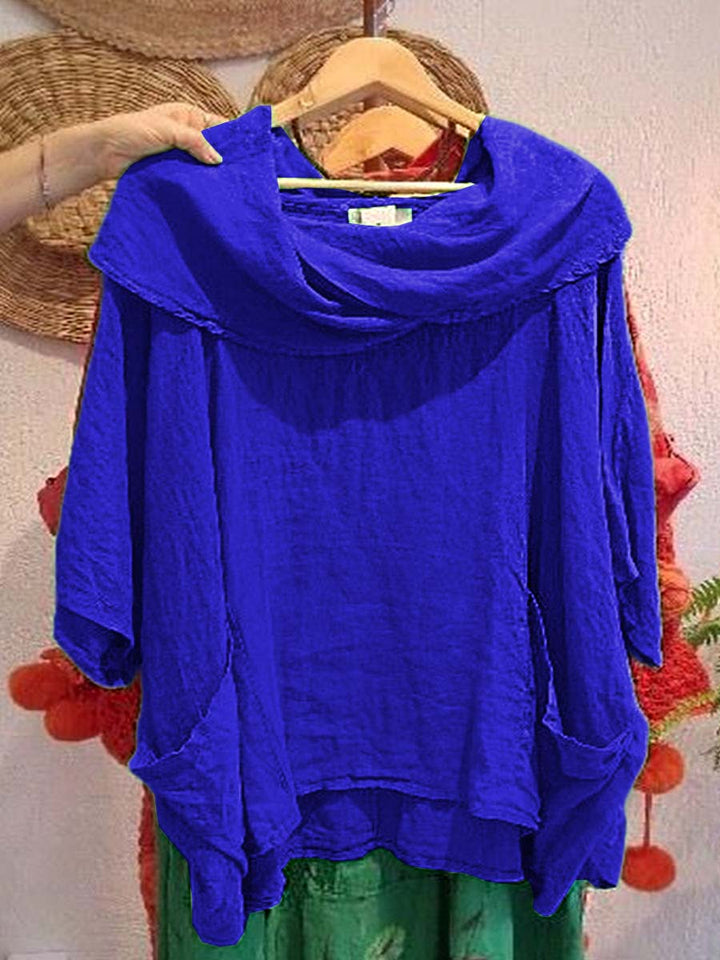 Dames Effen Kleur Gedrapeerde Hals 3/4 Mouw Comfortabele Casual Linnen Zak Top
