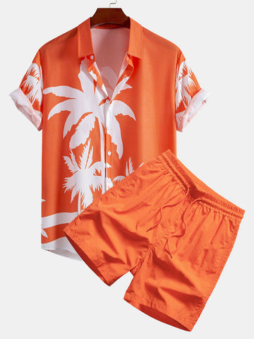 Palmboom Print Doorknoop Shirt & Heren Halflange Zwembroek met Trekkoord