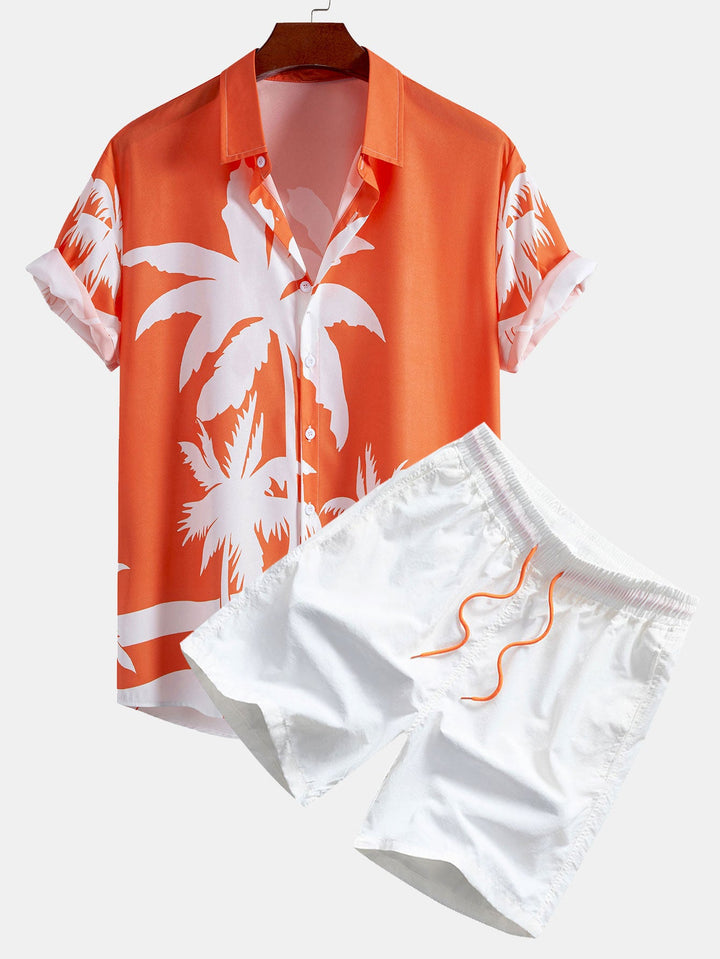 Palmboom Print Doorknoop Shirt & Heren Halflange Zwembroek met Trekkoord