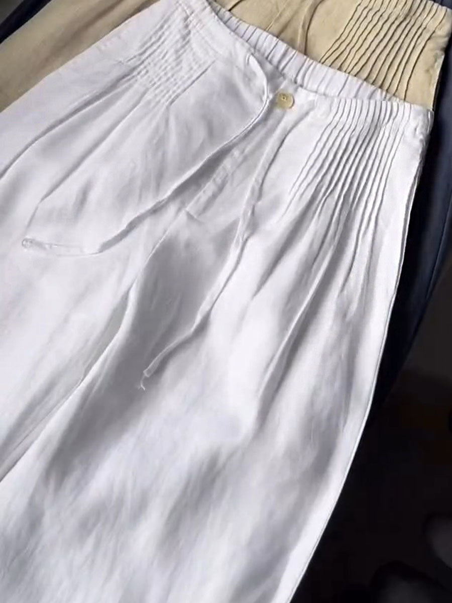 Dames Effen Kleur Geplooide Trekkoord Casual Katoenen en Linnen Wijde Pantalon