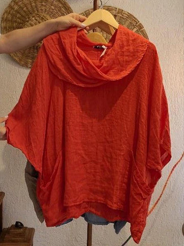Dames Effen Kleur Gedrapeerde Hals 3/4 Mouw Comfortabele Casual Linnen Zak Top