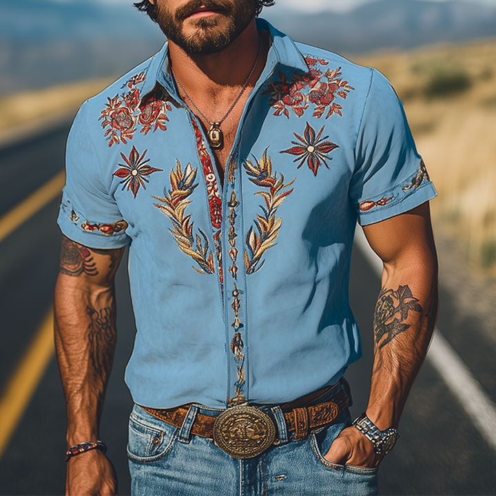 【24-uurs verzending】Heren Lente/Zomer Mode Retro Westerse Stijl Suède Geborduurde Korte Mouwen Shirt