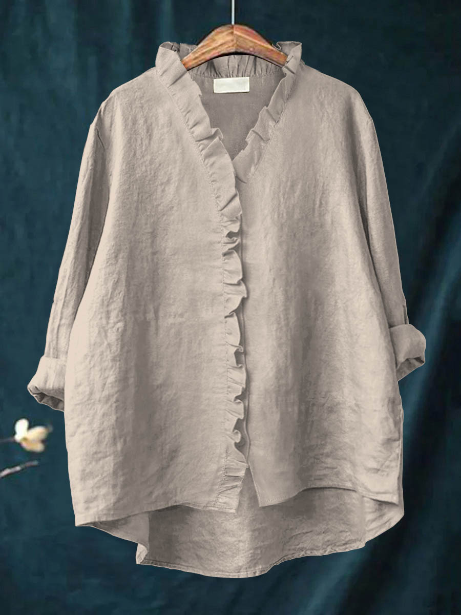 Dames Casual Katoenen En Linnen Ruffle Shirt