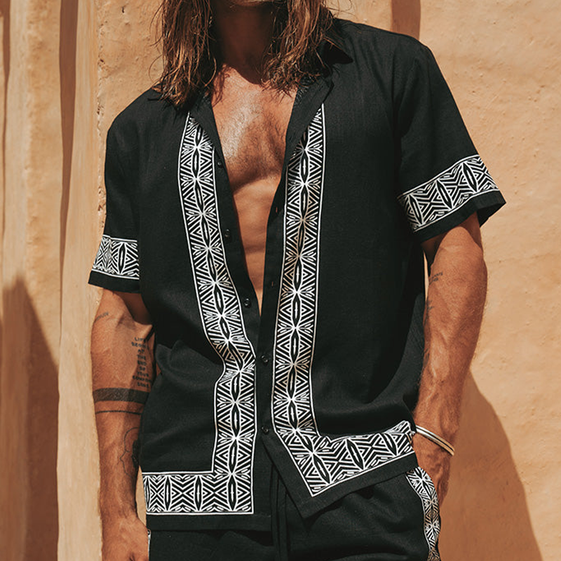 Heren Zomer Casual Katoen En Linnen Gedrukt Kraag Korte Mouwen Shirt MTA0295G2K