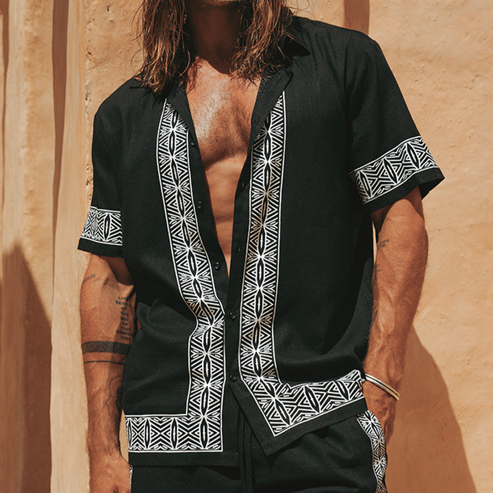 Heren Zomer Casual Katoen En Linnen Gedrukt Kraag Korte Mouwen Shirt MTA0295G2K
