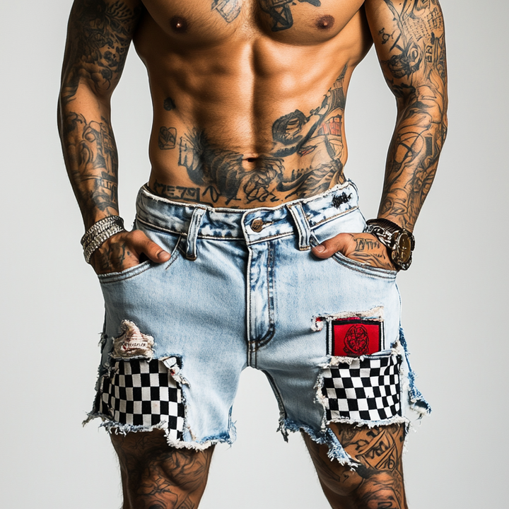 Heren Verscheurde Ruit Denim Shorts MTA1296F1X