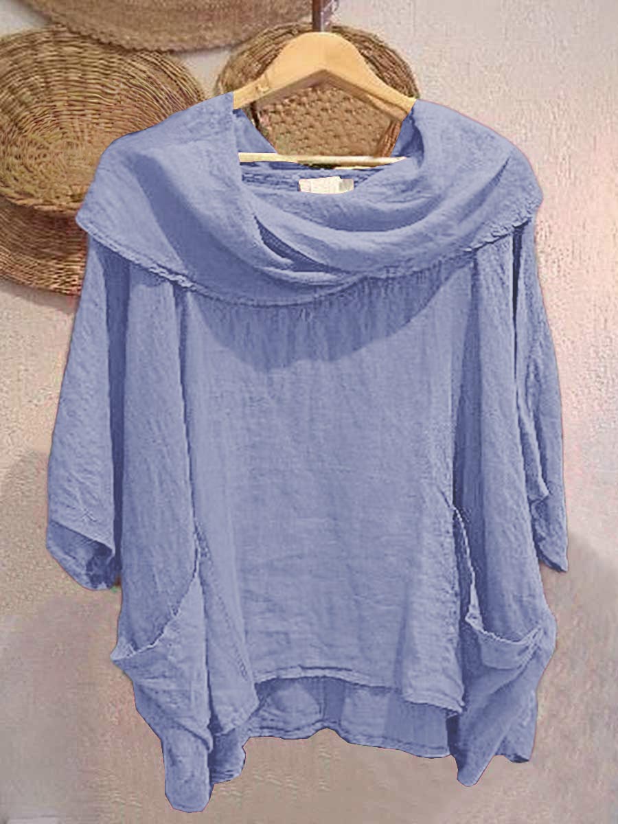 Dames Effen Kleur Gedrapeerde Hals 3/4 Mouw Comfortabele Casual Linnen Zak Top