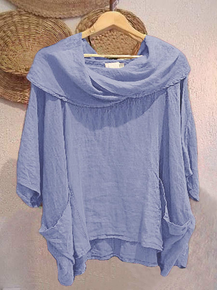Dames Effen Kleur Gedrapeerde Hals 3/4 Mouw Comfortabele Casual Linnen Zak Top