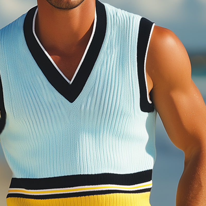 Heren Zomer V-hals Mode Kleurblok Gebreide Tanktop MTA2265E9U