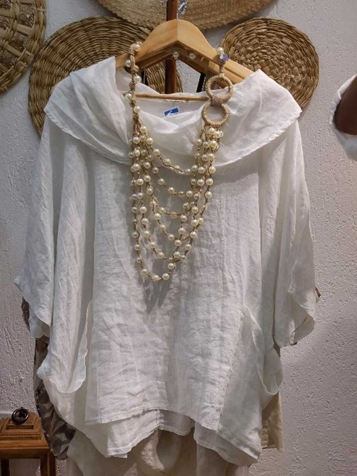 Dames Effen Kleur Gedrapeerde Hals 3/4 Mouw Comfortabele Casual Linnen Zak Top
