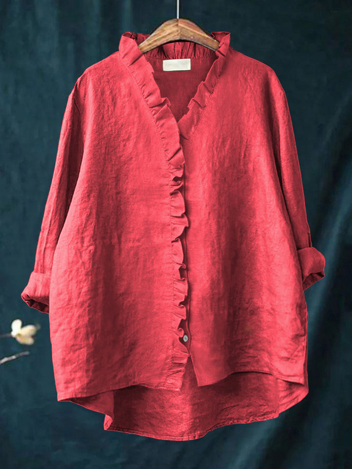 Dames Casual Katoenen En Linnen Ruffle Shirt