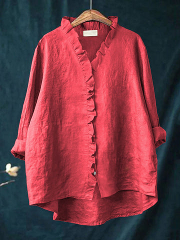 Dames Casual Katoenen En Linnen Ruffle Shirt