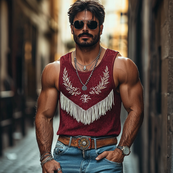 Heren Casual Katoenen Ronde Hals Bloem Borduursel Kwastje Patchwork Slim Fit Tanktop MTA2186E4M