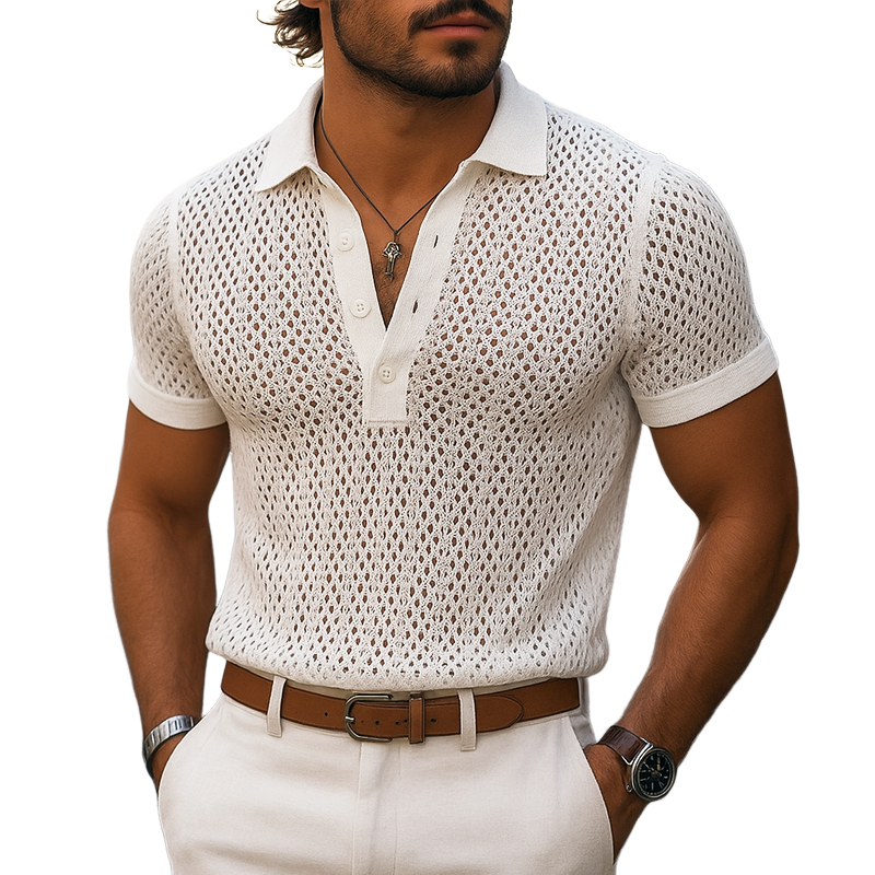 Heren effen uitgehold Ruit Gebreide revers korte mouw poloshirt