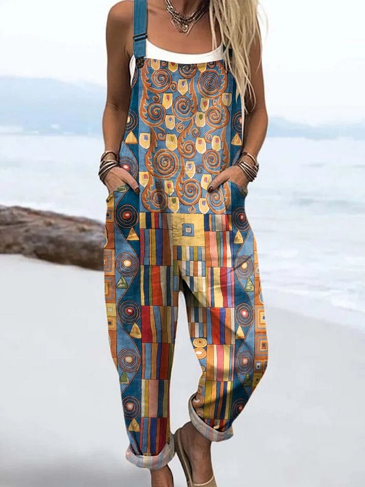 Vrouwen Abstract Geometrisch Patroon Kunstprint Mouwloze Katoenen Pocket Wrap Jurk