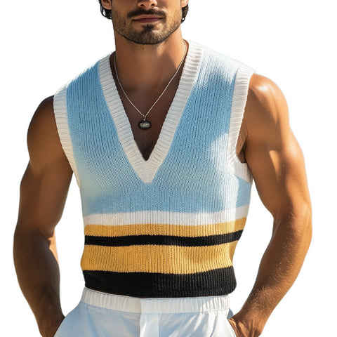 Heren Zomer Mode Kleurblokken Diepe V-hals Gebreide Tanktop MTA2232E7U