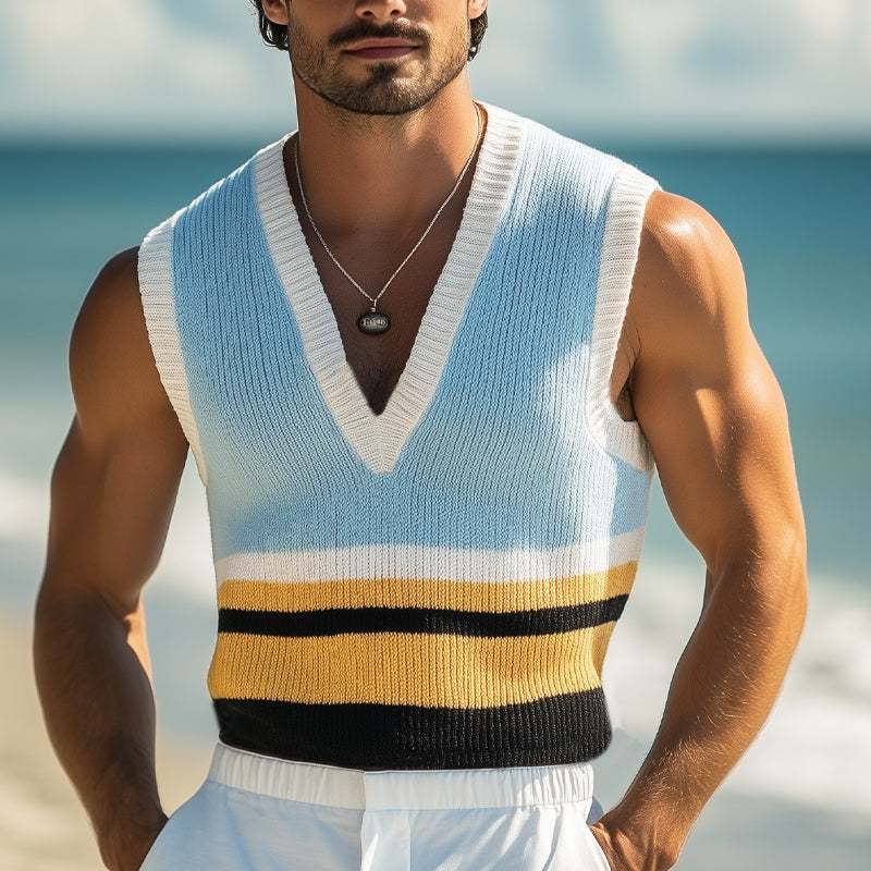 Heren Zomer Mode Kleurblokken Diepe V-hals Gebreide Tanktop MTA2232E7U